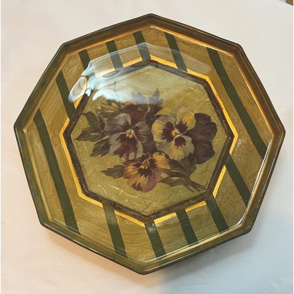 ARCOROC FRANCE Hand Painted Pansy Floral Clear Octagon 8.25”
